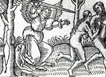 A Expulsão do Jardim do Éden, ilustração da Bíblia de Cranmer, 1540